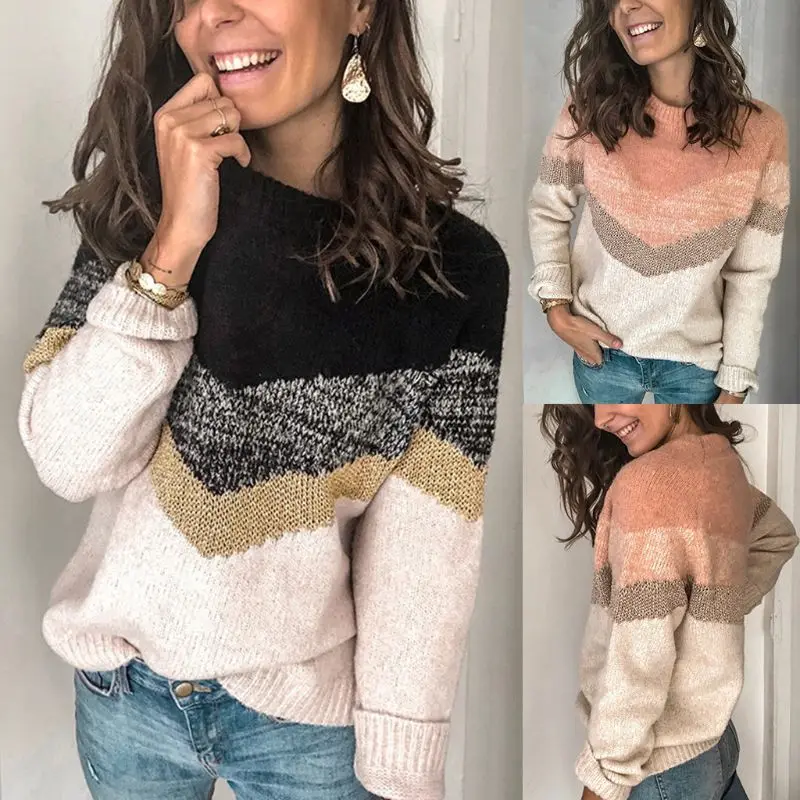 

Women Long Sleeve Sweater Color Block Wavy Striped Knitted Loose Jumper Tops For Girls