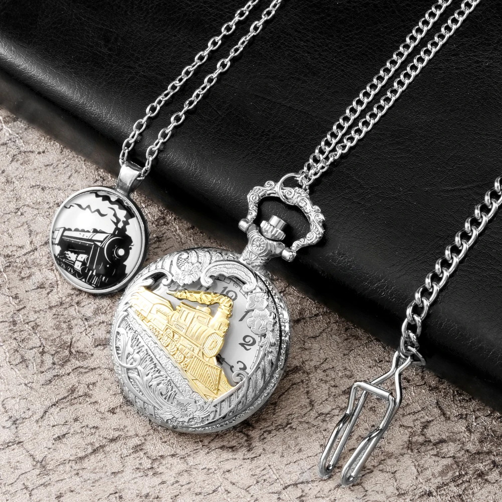 Fashion Train Design Case Quartz Pocket Watch Silver Pendant Necklace Chain Gift Sets with Gift Box for Friend