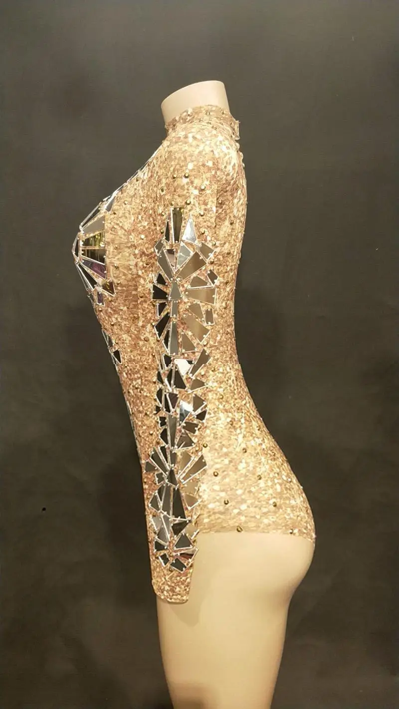 New Women Sexy Gold Mesh Bodysuit Full Golden Sparkling Mirrors Jumpsuit Nightclub Party Stage Wear Singer Dance Bodysuit