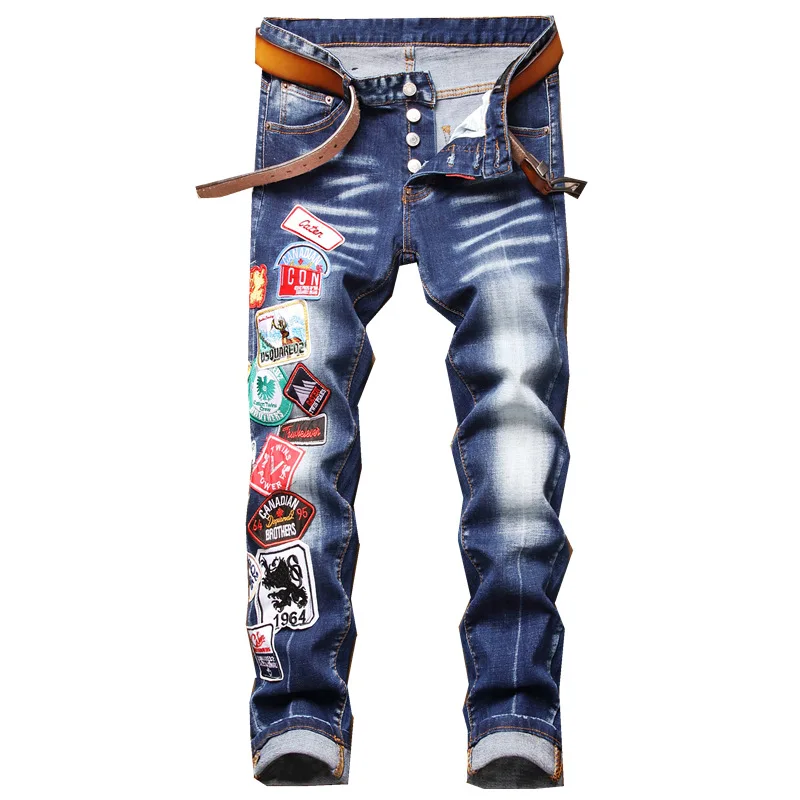 

New Fashion Europe Men's Brand Jeans Slim Fit Patch Multi Badge Denim Pants Embroidery Hip Hop Stretch Ripped Jeans DSQ1212