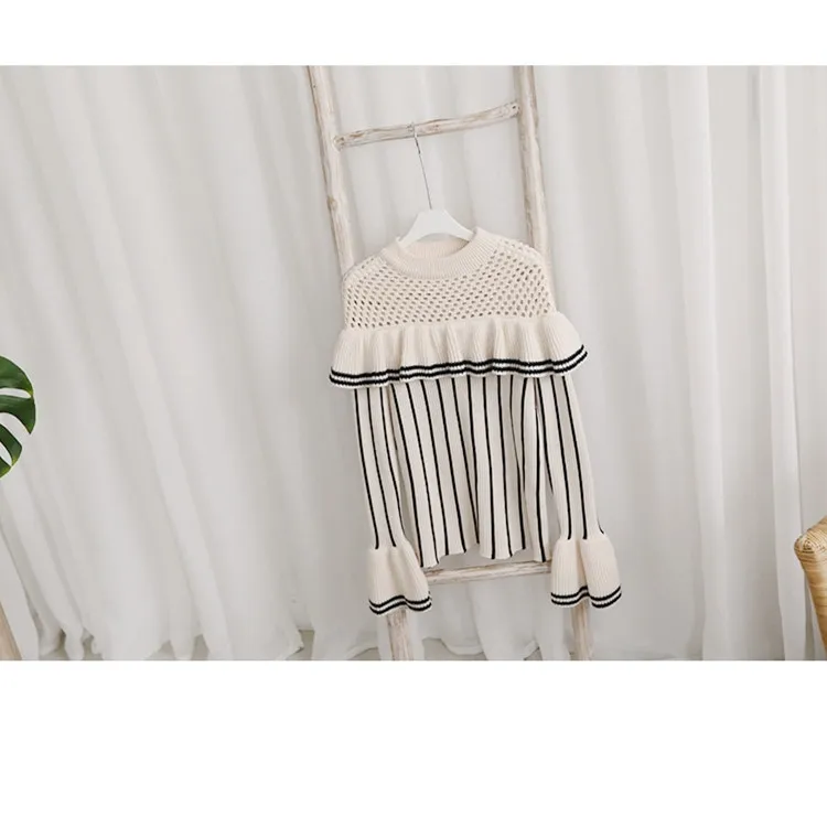 

Fashion new early autumn and winter women's sweet ruffled striped trumpet sleeves sweater