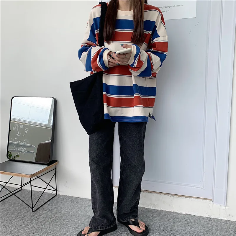 

Harajuku Loose Long Sleeve Striped Print Tee Women Autumn O-Neck Casual Cotton Tops Fashion Streetwear Student Clothing T Shirt