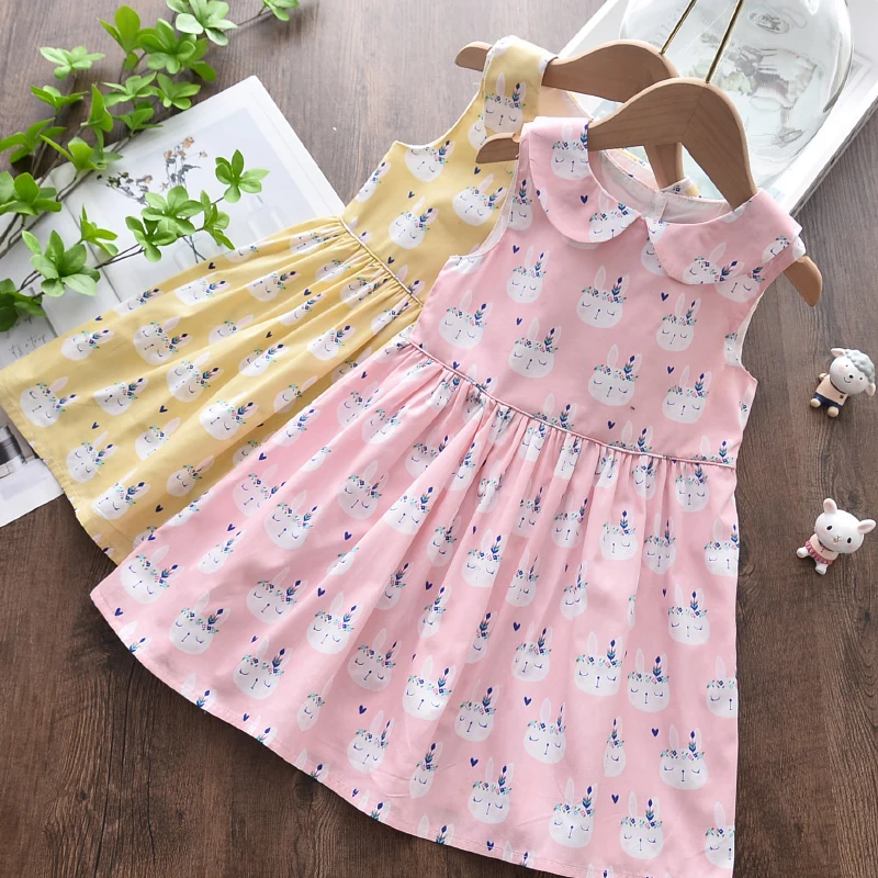 

Keelorn 2021 Girls Cartoon Bunny Print Dresses Summer Children Peter Pan Collar Cotton Costumes Sleeveless Kids Party Clothing