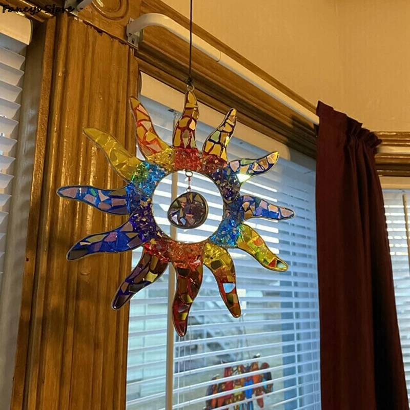 

Exotic Retro Stained Acrylic Window Hangings Home Garden Office Rainbow Sun Metal Board Hanging Ornaments Shining Sun Flower