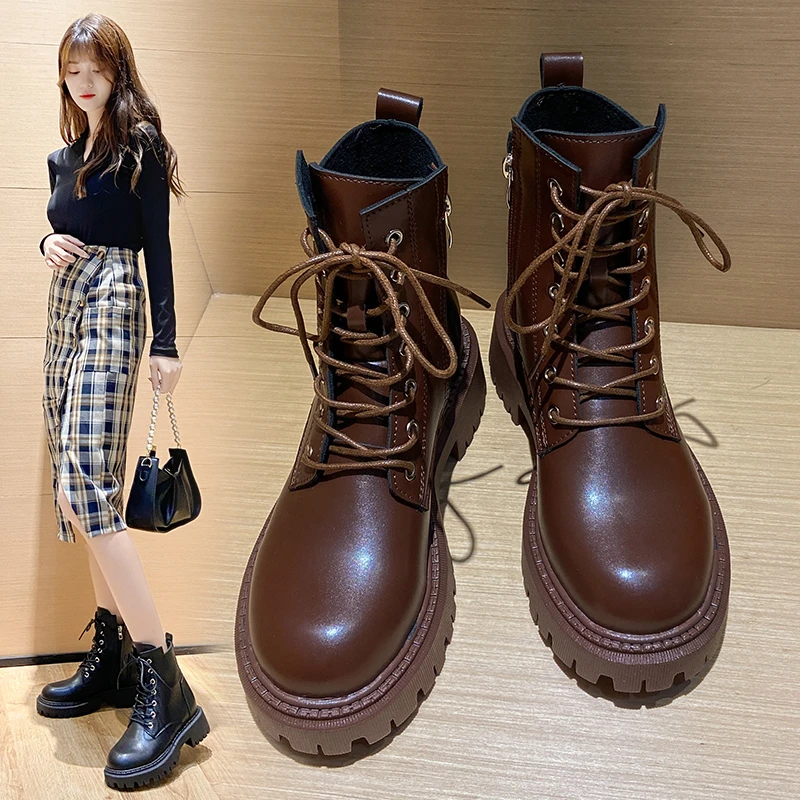 

Женские ботильоны на платформе, черные ботинки на шнуровке с пряжкой и ремешком, байкерские ботинки для зимы, 2021