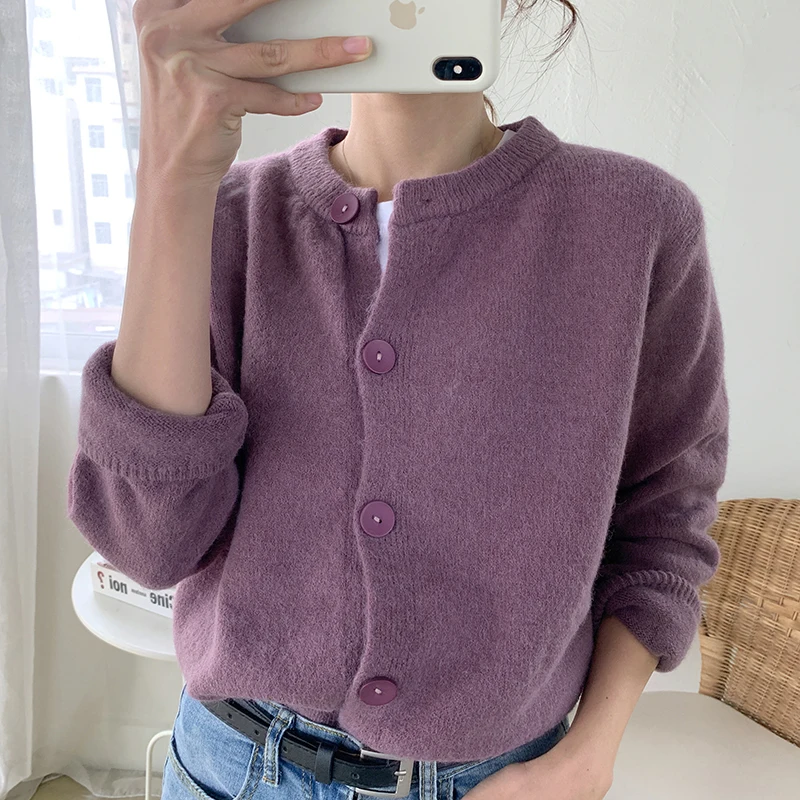 

Purple Knitted Sweater Cardigan Women 2021 New Spring Autumn Round Neck Sweater Jacket Outwear Oversized Female S-2XL