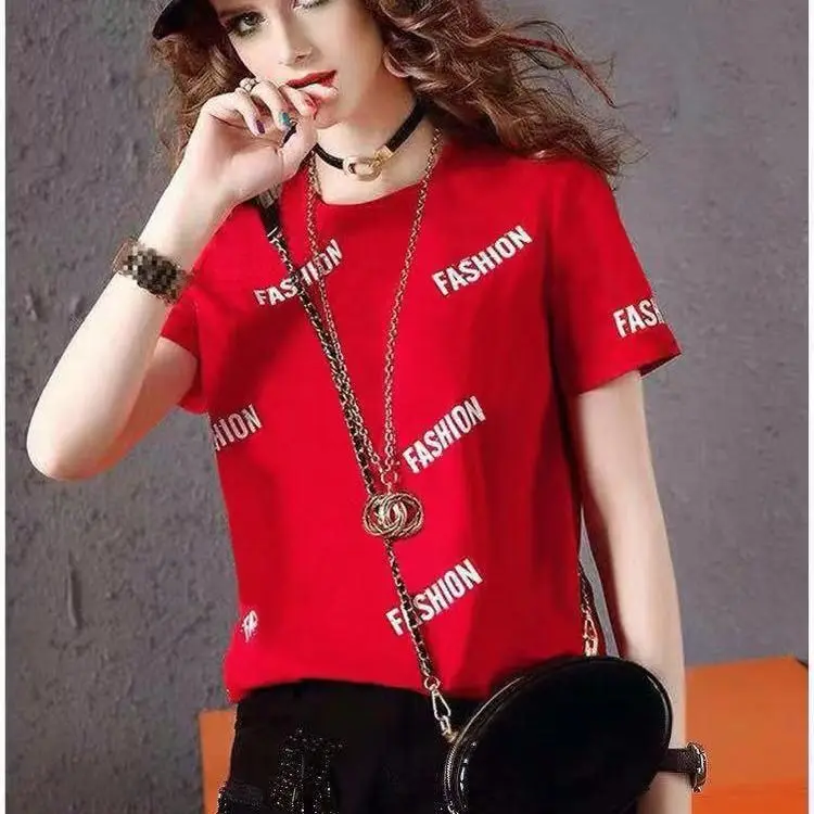 

Summer new print top blouse slim and versatile bottom coat women's short sleeve round neck T-shirt women's wear