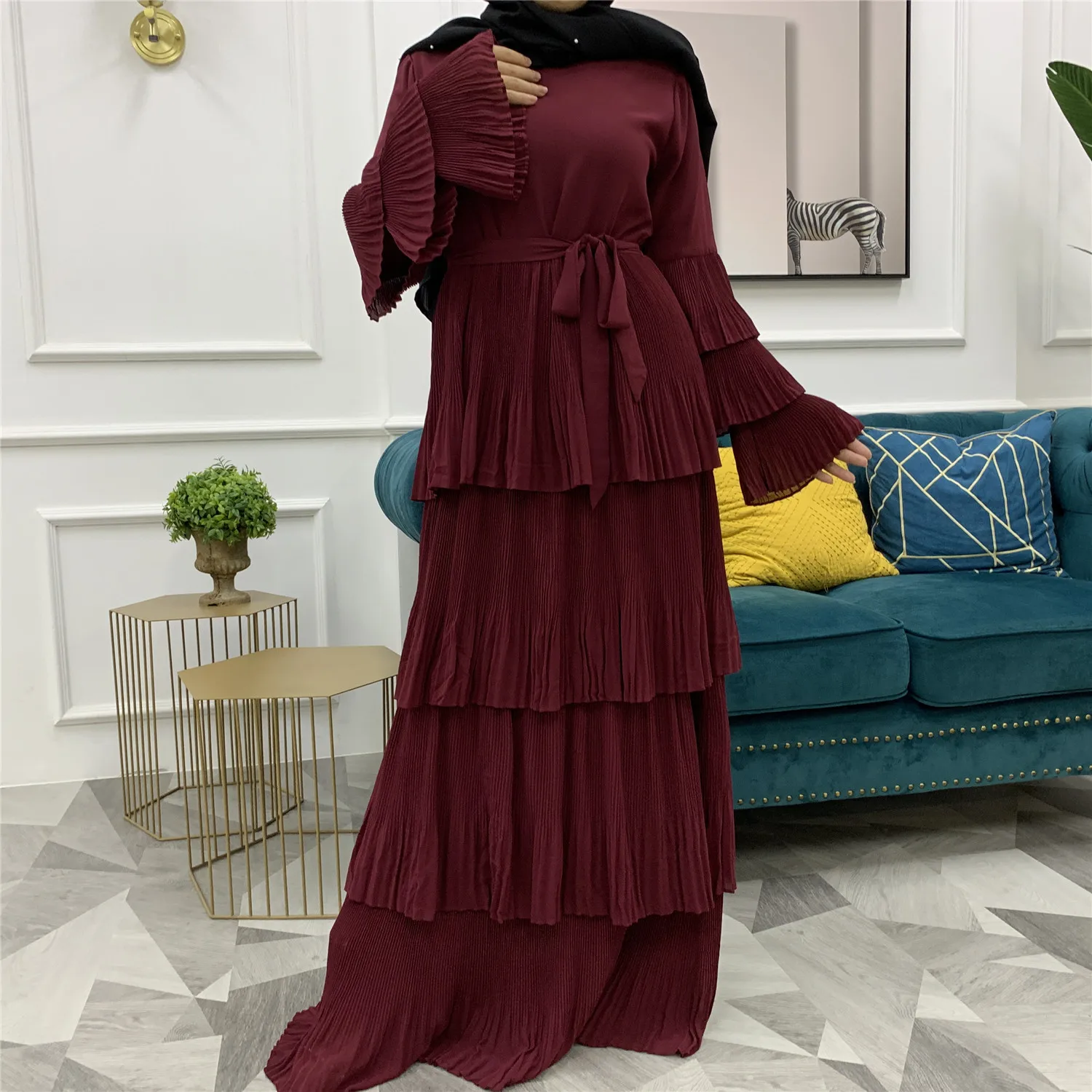 

Donsignet Muslim Dress Muslim Fashion Robe Round Neck Cake Dress Muslim Long Dress Belt Middle East Eid Duabi Abaya Turkey Robes