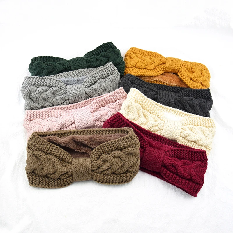 

Knotted 1PCS Solid Color Warmer Ear Soft Elastic Crochet Bow Furry Fleece Lined Wide Headwrap Knitted Headband Hair Accessories