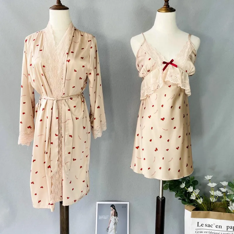 

Satin Sexy Lace Sleepwear Intimate Lingerie Casual Sleepwear Print 2PCS Kimono Robe Long Sleeve 2021 New Women Bathrobe Gown
