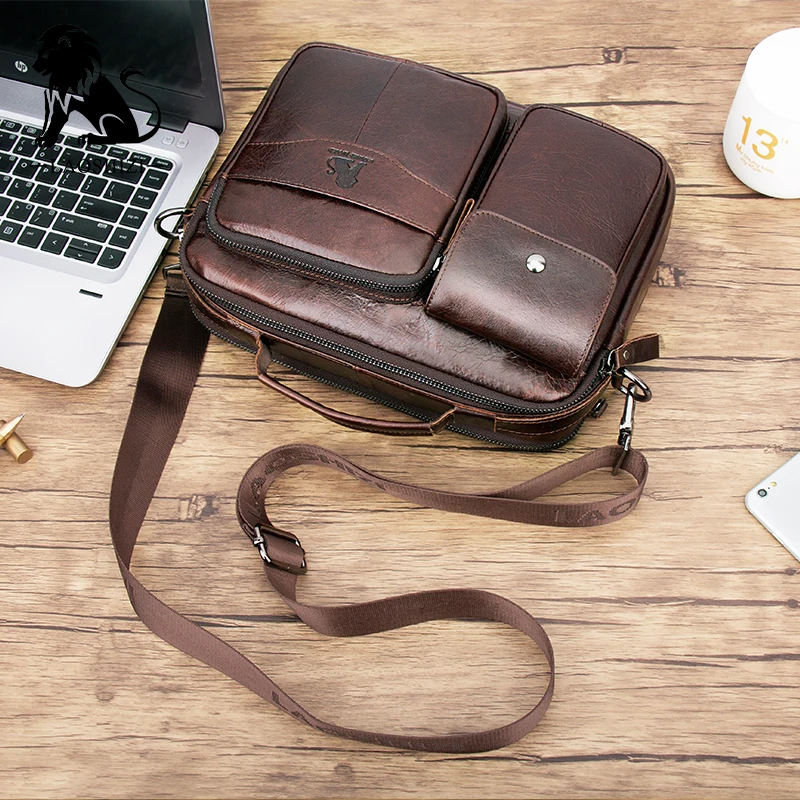 

LAOSHIZI Male Shoulder Bag Genuine Leather Crossbody Bag Large Capacity Pocket For Business Travel 91214