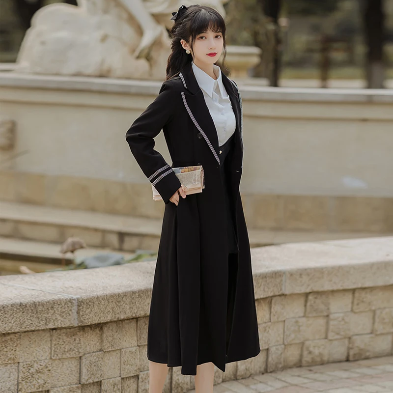 

Fashion Woman Temperament Longsleeve Waisted Suit Coat Medium Length Over Knee Trench Coat Slim and Loose Office Lady Coat