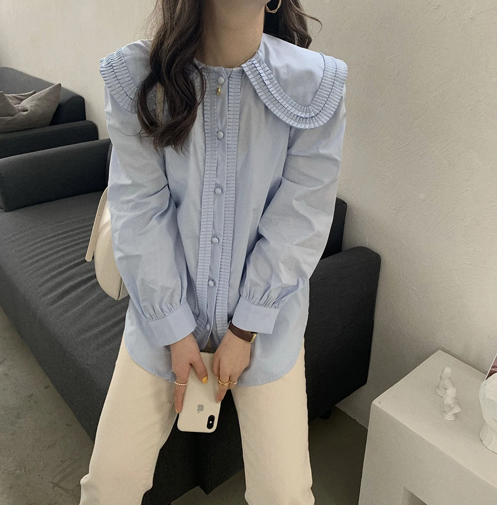 

Chiffon Women's Blouse Polo Girl's Shirt Casual Summer Long Sleeve Top Fashion Korean Solid Button Office Lady Blusas Houthion