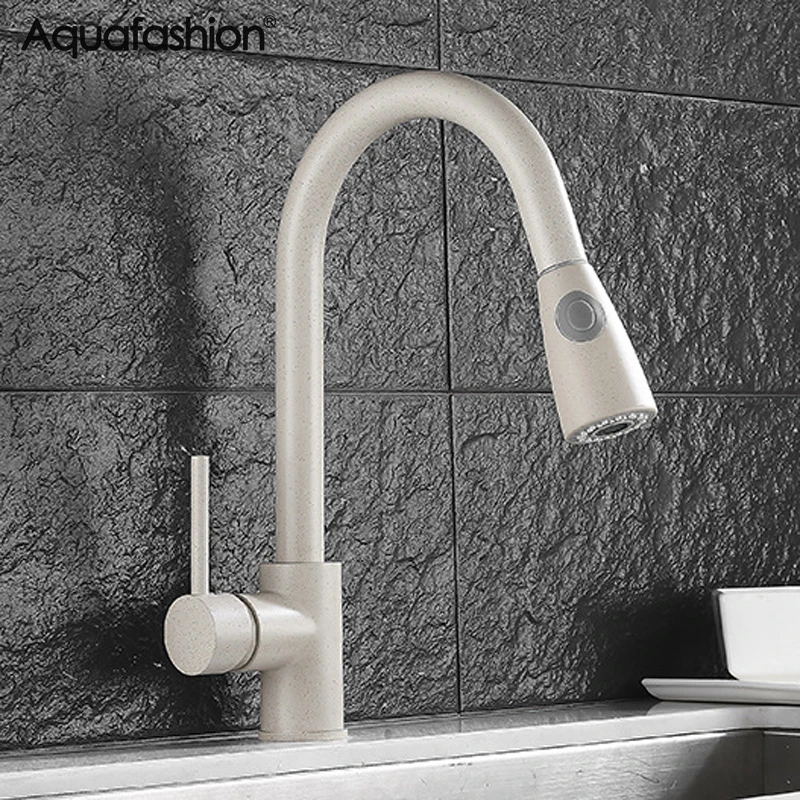 

Латунный выдвижной гибкий кухонный смеситель, кран для горячей и холодной воды, бежевый цвет, для раковины