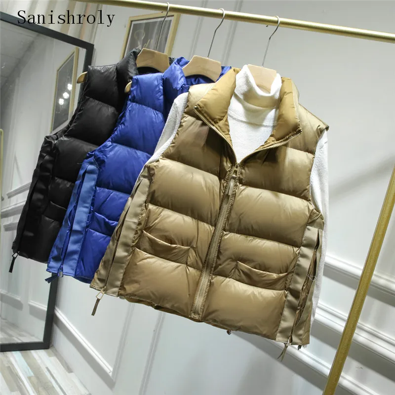 

Sanishroly Women Warm Thick White Duck Down Vest Winter Sleeveless Waistcoat Parka Female Stand Collar Down Coat Short Tops 1138