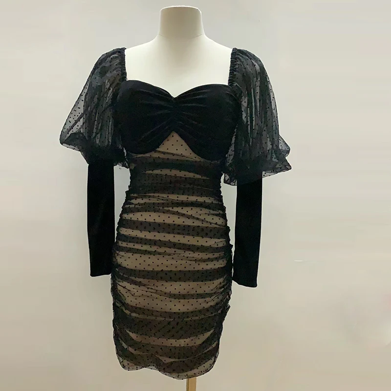 2020 Summer Bandage Dress Bodycon Mesh Women Party Sexy Black Ladies Clothes Puff Sleeve Elegant Club Vestidos Vintage | Женская одежда