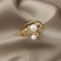 korean fashion pearl inlaid with hao stone leaf open ring female temperament personality design sense hand ornament