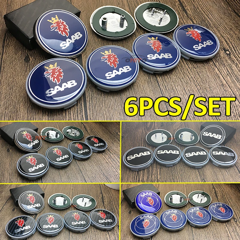 

6PCS/SET Car emblem Logo Badge For 9-3 9-5 93 95 68mm 2pins 3pins head Front Boot Rear label+62mm Car wheel center caps