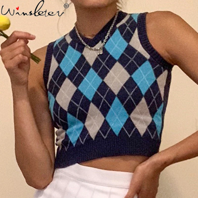 

Spring Summer Knitted Vest Women Crop Tops V-neck Argyle Plaid Short T-shirt Tees Multi Colors Preppy Style T13005A