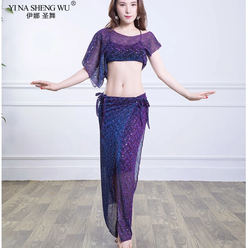 Новинка Женская Одежда для танцев костюм танца живота тонкая серебряная сетка