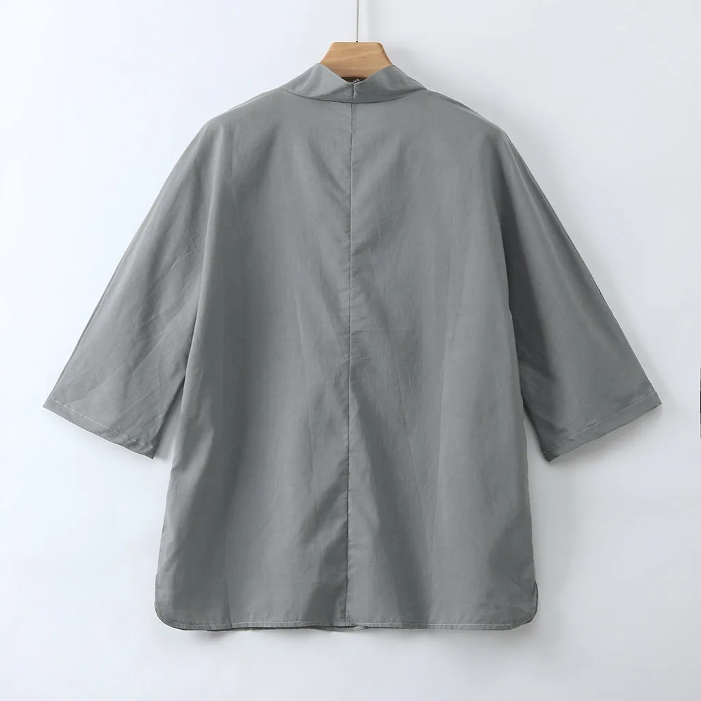 Men Shirt Vintage Ancient Chinese Male Blouse Kung Fu Style Cotton Linen 3/4 Sleeve V Neck Loose Leisure Solid Tops | Мужская одежда