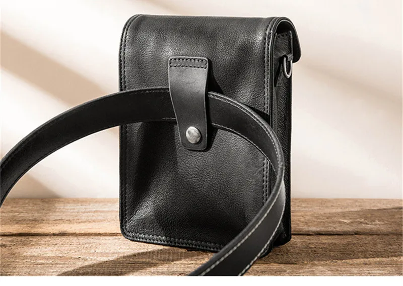 Simple casual designer natural real leather men's black shoulder bag everyday outdoor small mini mobile phone messenger bag