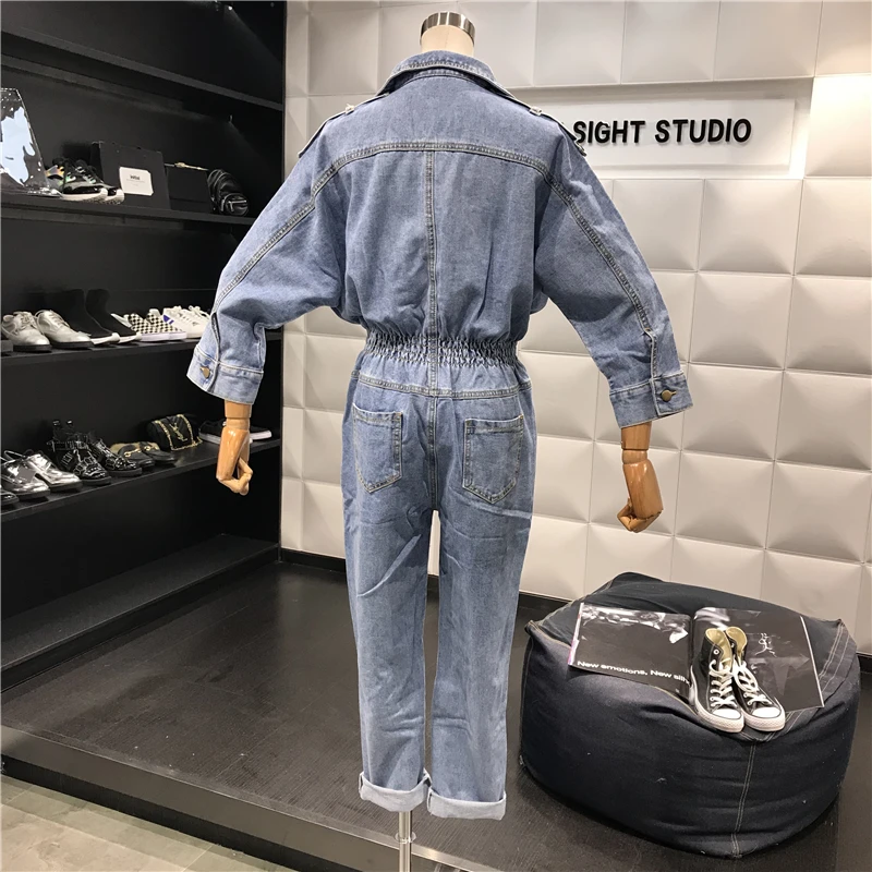 Осенний женский комбинезон с длинными рукавами потертый джинсовый свободный