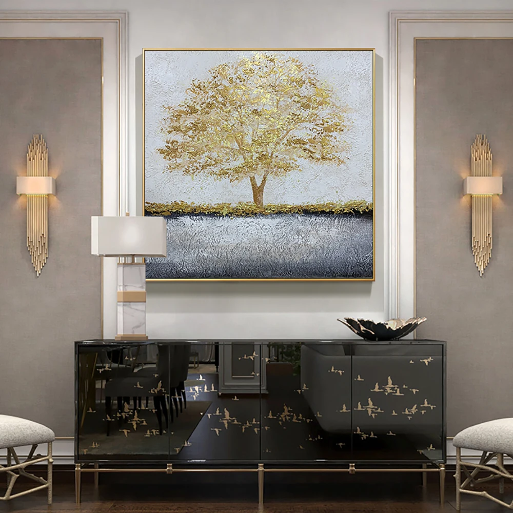 

Handmade Golden Abstract Tree Oil Painting On Canvas Hand Painted Modern Canvas Wall Art Living Room Home Decorative Paintings