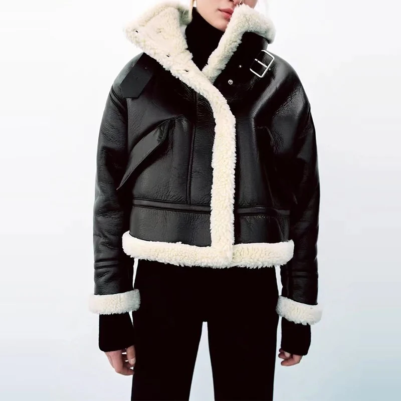 

WXWT 2022 Women Fleece Faux Leather Jacket Black Korean Fashion Casual Outerwear Female Winter Warm Tops XX8392