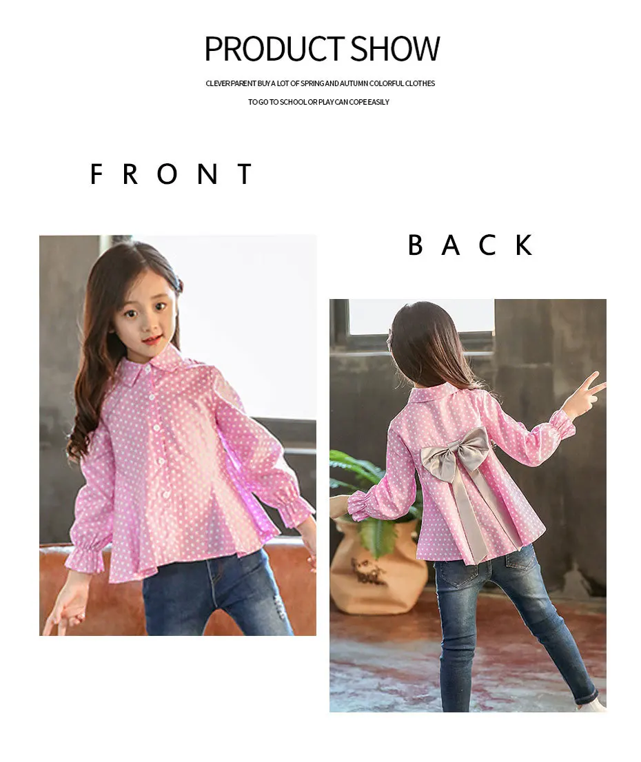Блузка для девочек блузка в горошек для девочек, рубашка с большим бантом детская весенне-осенняя одежда для девочек 6, 8, 10, 12, 14 лет