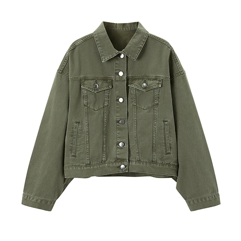 

PERHAPS U Green Brick Red Section Denim Jacket Button Lantern Long Sleeves Loose Jean Jackets For Women Turn Down Collar C0179