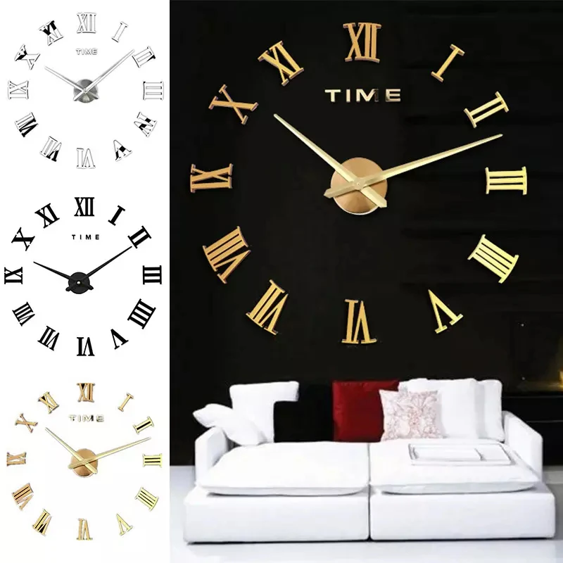 

3D Acrylic Wall Clock Mute Large Mirrors Clock DIY Wall Stickers Punch-free Roman Numerals Quartz Watch Home Living Room Tool