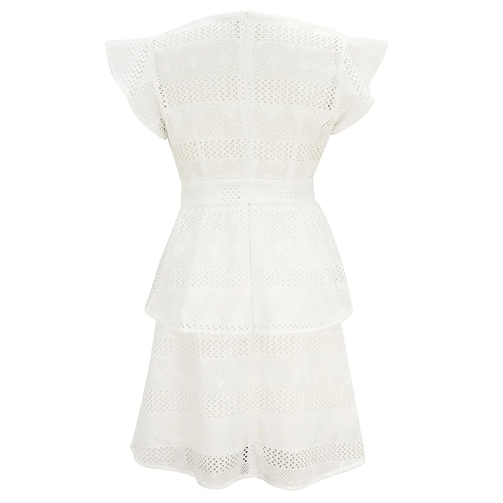 

Fashion Women's Dress V-Neck Short Sleeve Solid Print Hollow Cake Summer Dresses For Women Casual Party Elegant