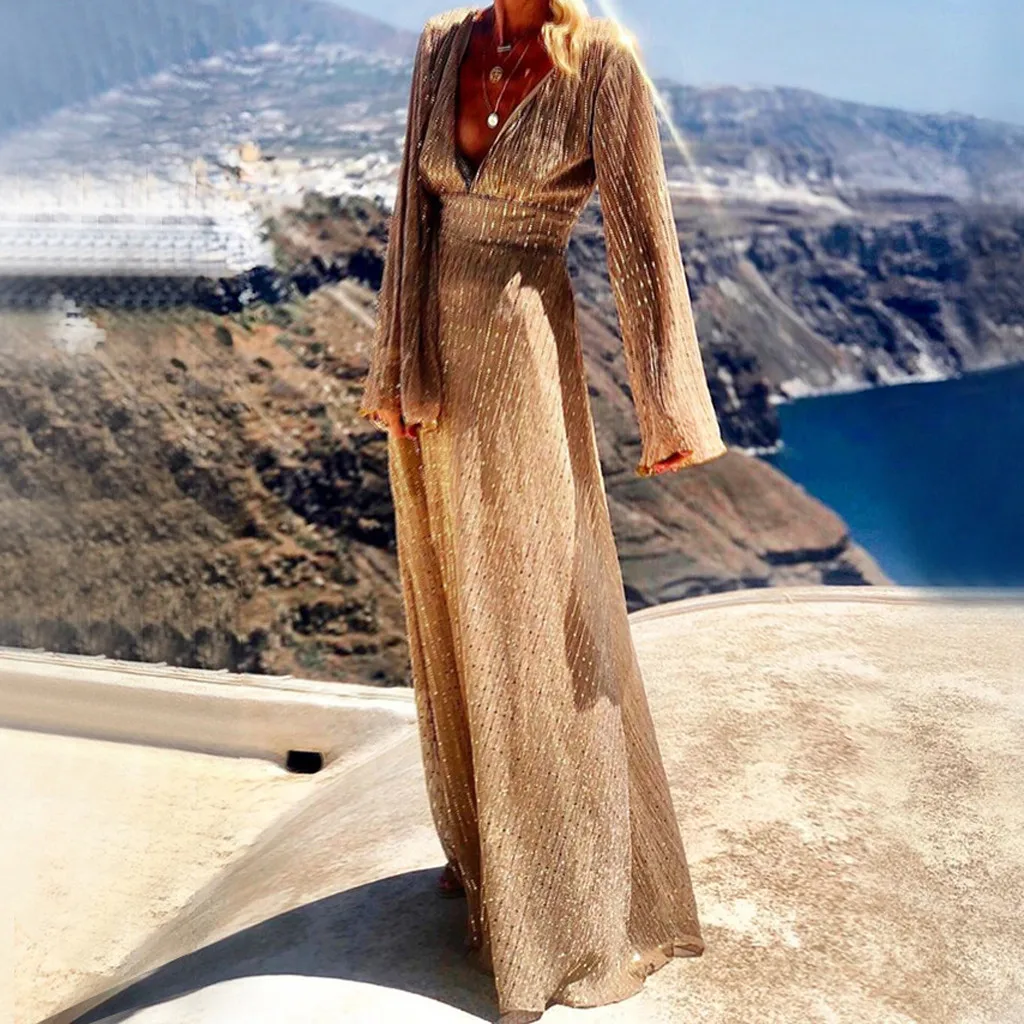 Женское сексуальное Макси платье с v-образным вырезом и длинным рукавом в полоску