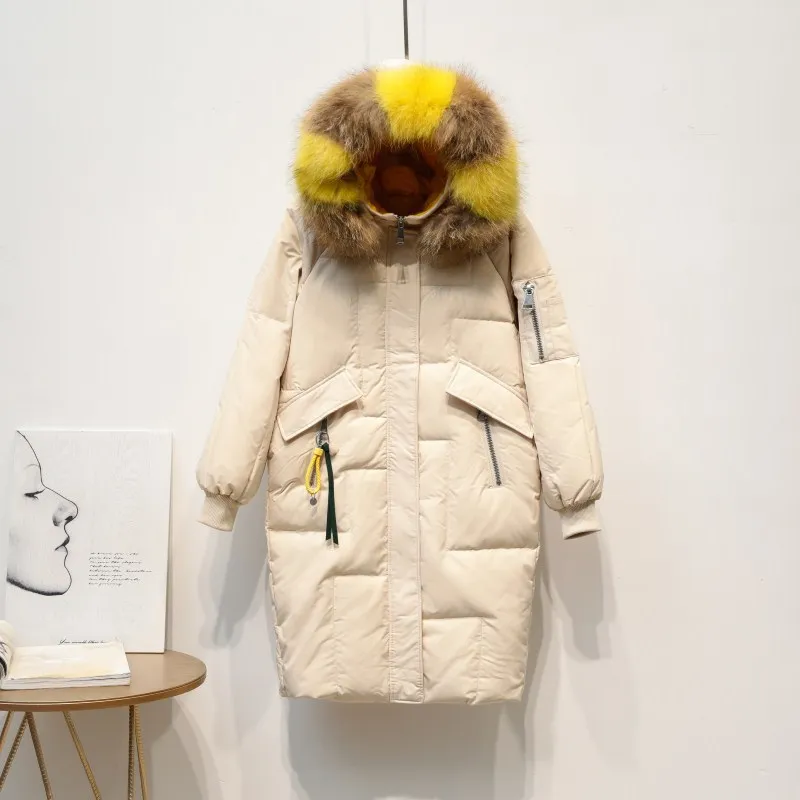 

New Long Raccoon Fur Collar Winter White Duck Down Jacket Women Loose Warm Thicken Hooded Down Coats Parka Female