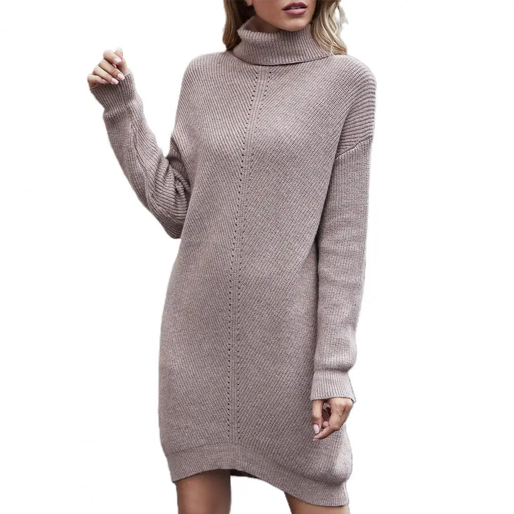

Winter Women Long Sleeve Turtleneck Solid Color Pullover Sweater Knitted Dress