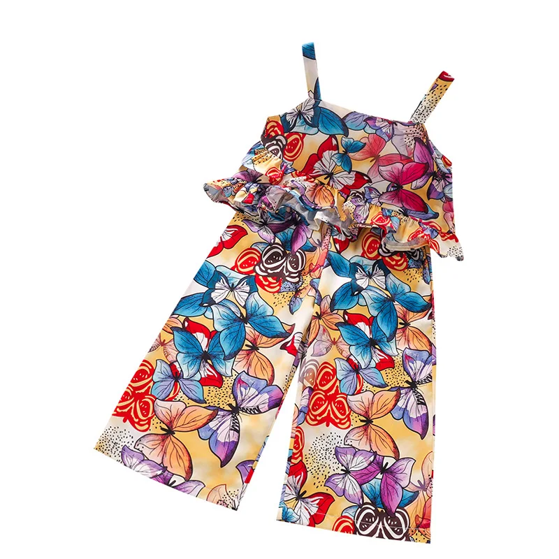 

2021 Summer Children Sets Casual Strap Ruffles Tops Print Butterfly Stright Pants 2Pcs Girl Boys Clothes Sets 4-10T