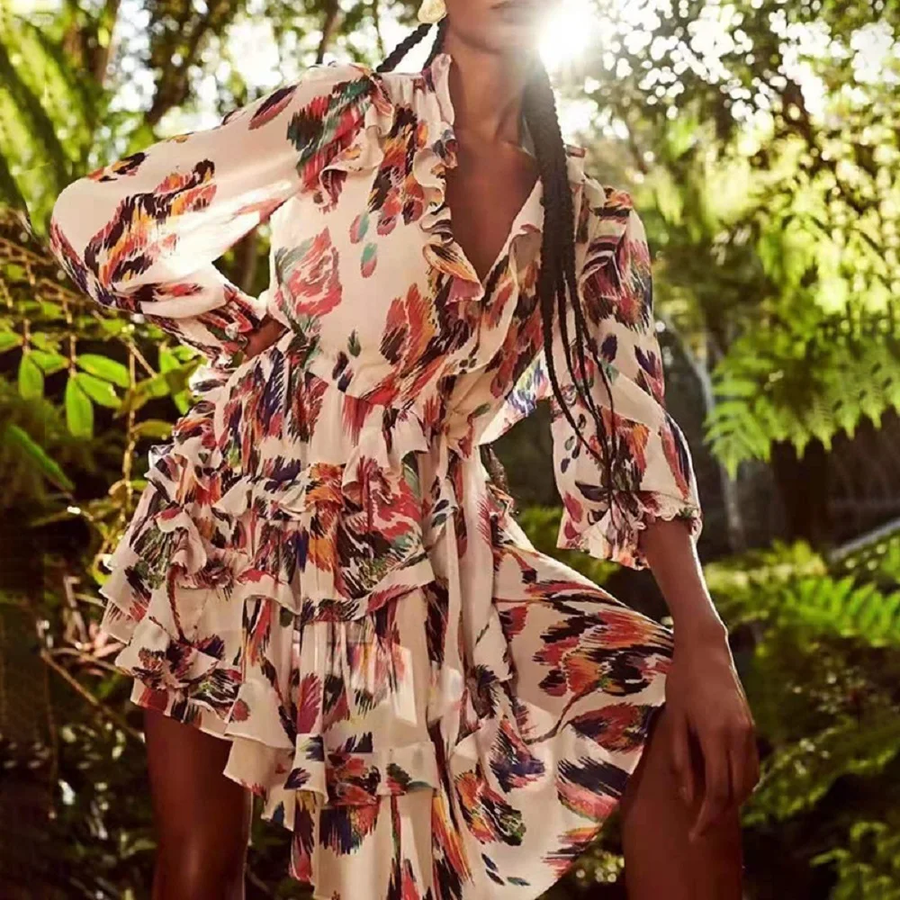 

Big-name summer chiffon color 3D printing ruffles ladies elastic waist dresses 2021New ladies fashion high-quality dresses bra