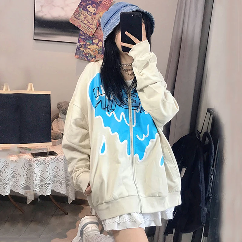 

Korean Fashion Oversized Sweatshirt Kawaii Graffiti heart letter zip hoodie Harajuku Long-sleeve Hooded Tops cute grunge clothes