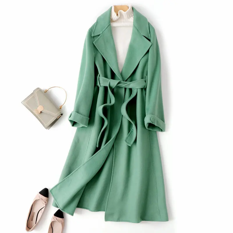 

2020 Turn Down Collar Woolen With Belt Elegant 70% Wool Cashmere Open Stitch Long Coat Jacket Women Casaco Feminino