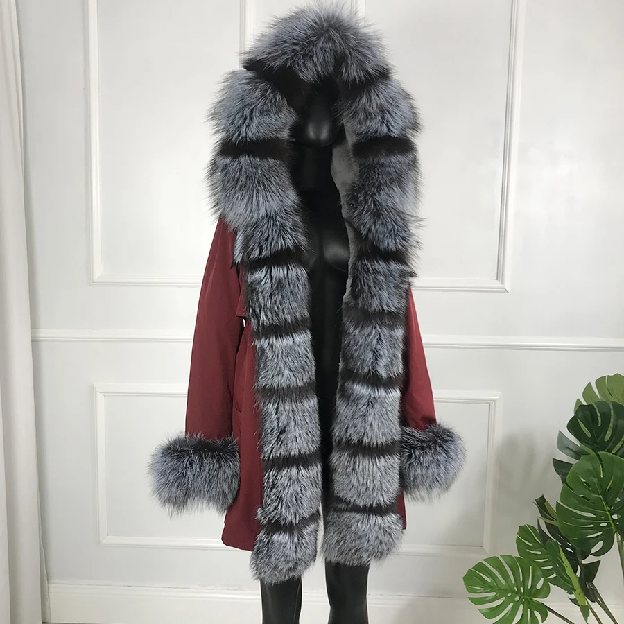 real natural fox fur coat jacket parka with big fox fur collar rabbit fur liner thick warm fashion new winter waterproof