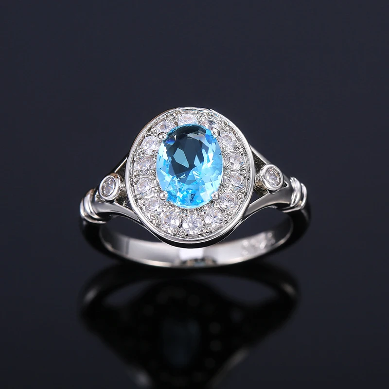 

Elegant Silver Plated Wedding Ring Sky Blue Shiny Oval CZ Stone Rings For Women Romantic Lover's Engagement Gift Fashion Jewelry