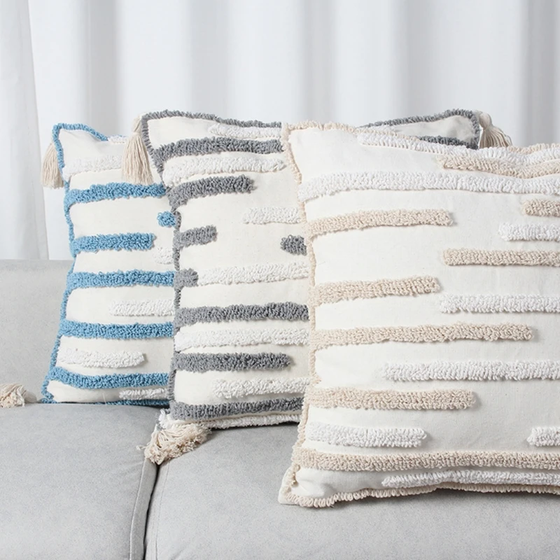 

Modern Minimalist Decorative Throw Pillow Case Woven Tufted Contrast Color Horizontal Stripe Cushion Cover with Tassels