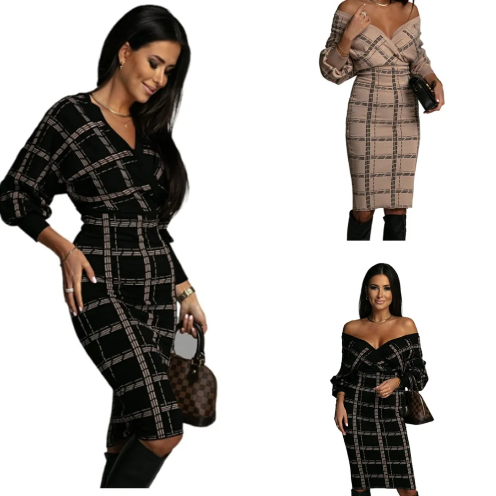 

Retro dress ladies luxury design mid-length deep V-neck tight-fitting plaid print dress long-sleeved autumn waist bag hip skirt