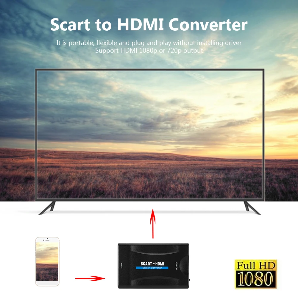 1080P SCART HDMI совместимый преобразователь видео аудио с USB кабелем для HDTV Sky Box DVD ТВ
