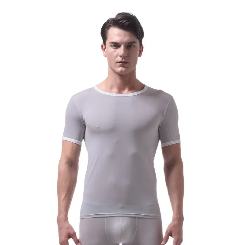 Mens Ice Silk Ultra-Thin Short-Sleeved T-Shirt Sexy Translucent Tight Smooth Shape Body Camiseta Funny T Shirts Camisetas Hombre | Мужская