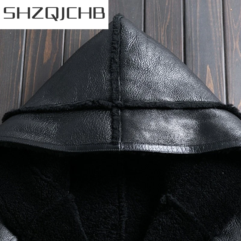 

JCHB 2021 Genuine Leather Mens Loose Hooded Long Biker Jacket Natural Sheepskin Coat V-Neck Horn Button Winter Thick Real Fur Ja