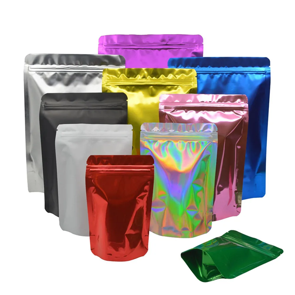 

1000Pcs/Lot Colorful Glossy Aluminum Foil Stand Up Zip Lock Bag Tear Notch Food Candy Nuts Gift Waterproof Reusable Storage Pack