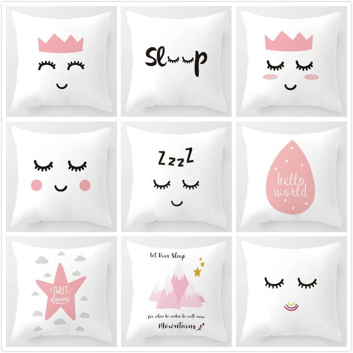 Nordic Children Cushion Cover Pink Crown Eyelash Cartoon Smile Sleep Sweet Eyelashes Cute Pillow Case Mountain For Room Decor | Дом и сад