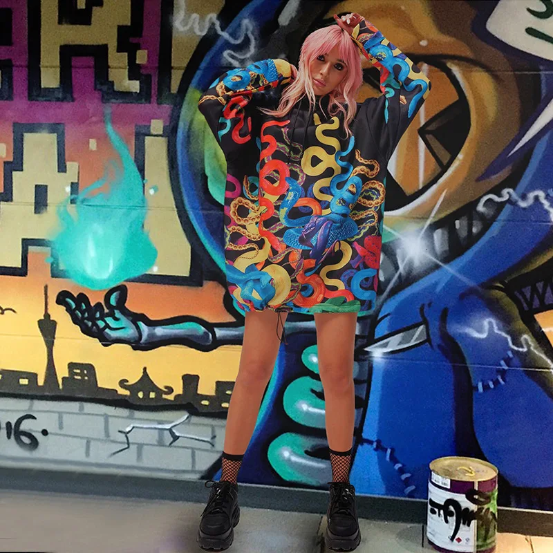 Женские длинные толстовки с капюшоном в стиле панк-рок свободные Зимние Модные